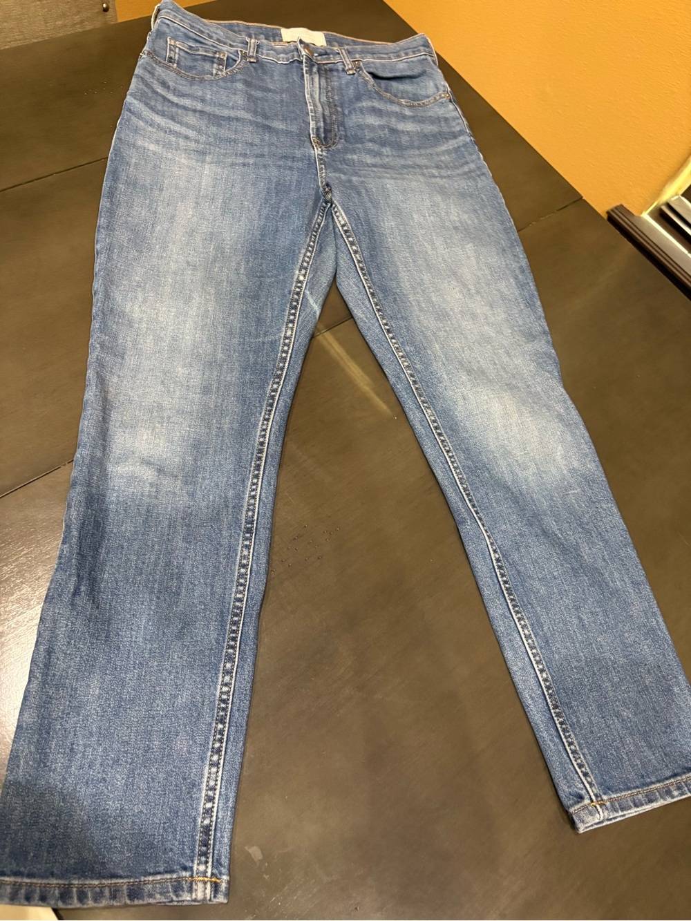 Everlane Straight Jeans in Classic Denim Blue with Gold Stitching